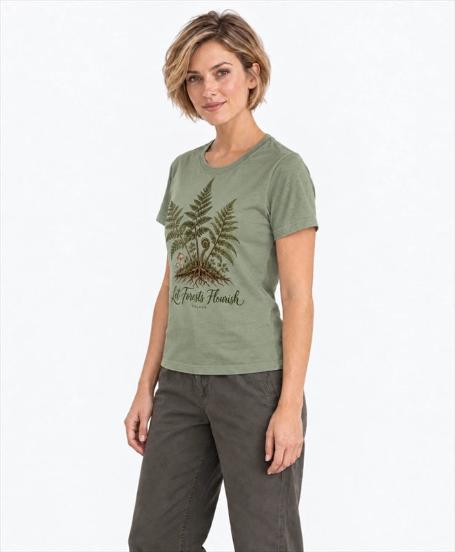 YELSOO women's Let Forests Flourish Fern Graphic Tee in Moss Green — three-quarter model view
