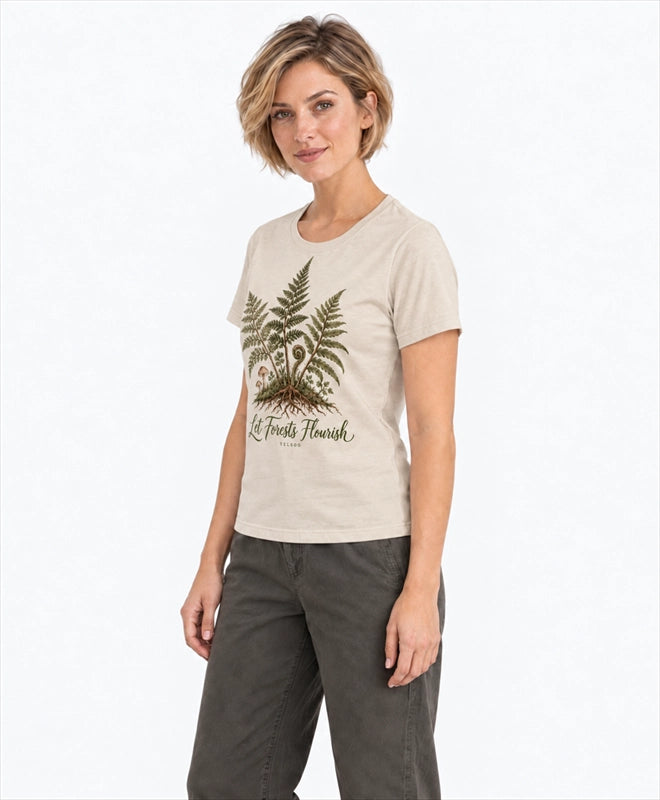 YELSOO women's Let Forests Flourish Fern Graphic Tee in Oatmeal — three-quarter model view
