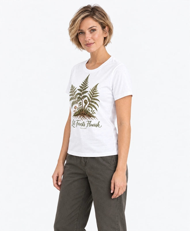 YELSOO women's Let Forests Flourish Fern Graphic Tee in White — three-quarter model view