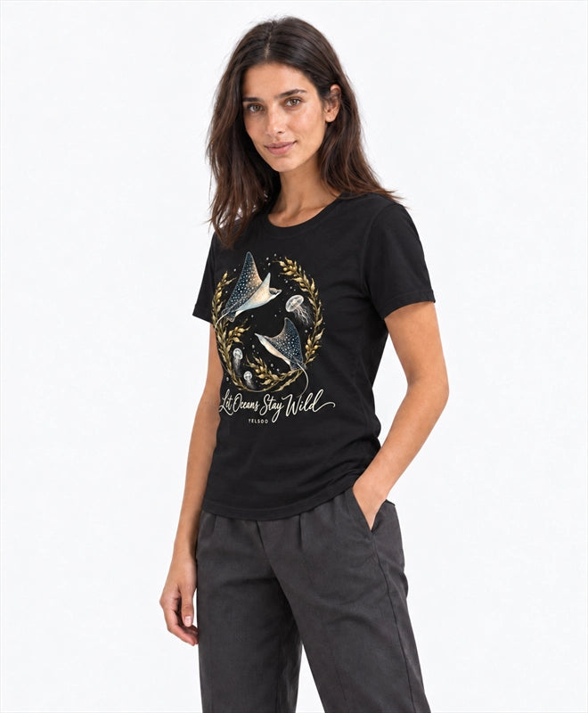 YELSOO women's Let Oceans Stay Wild Manta Ray Graphic Tee in Black — three-quarter model view