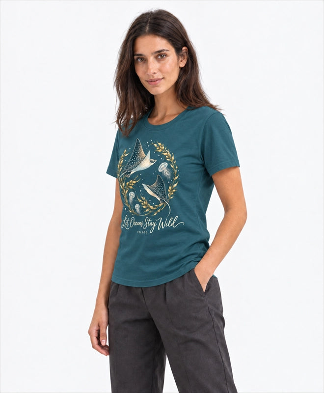 YELSOO women's Let Oceans Stay Wild Manta Ray Graphic Tee in Deep Ocean Teal — three-quarter model view