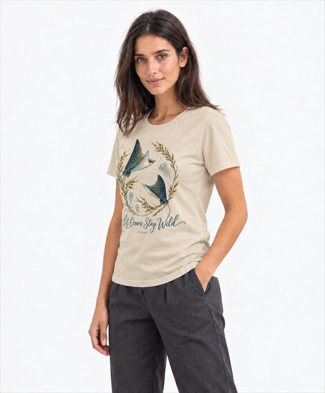 YELSOO women's Let Oceans Stay Wild Manta Ray Graphic Tee in Dune Beige — three-quarter model view