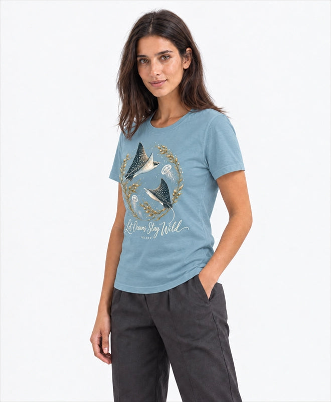 YELSOO women's Let Oceans Stay Wild Manta Ray Graphic Tee in Sea Mist Blue — three-quarter model view