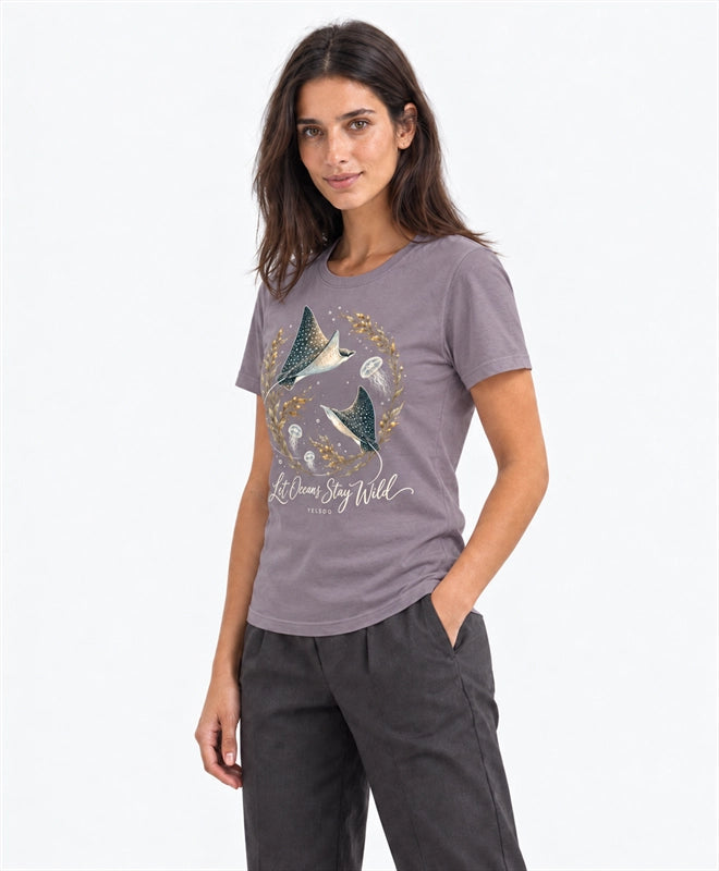YELSOO women's Let Oceans Stay Wild Manta Ray Graphic Tee in Smoky Purple Gray — three-quarter model view