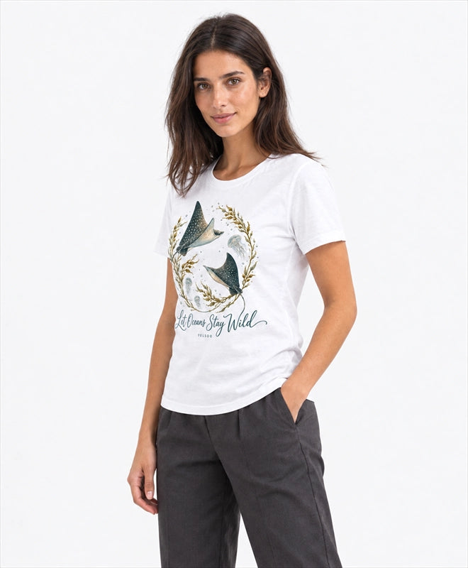 YELSOO women's Let Oceans Stay Wild Manta Ray Graphic Tee in White — three-quarter model view
