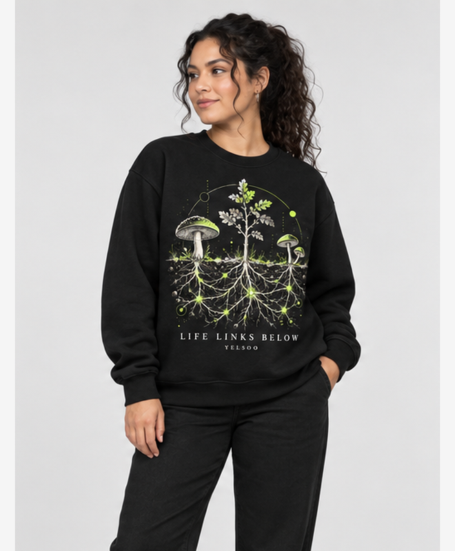 Life Links Below Crewneck Sweatshirt — women's model, three-quarter view