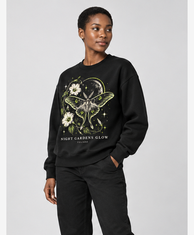 Night Gardens Glow Crewneck Sweatshirt — women's model, three-quarter view