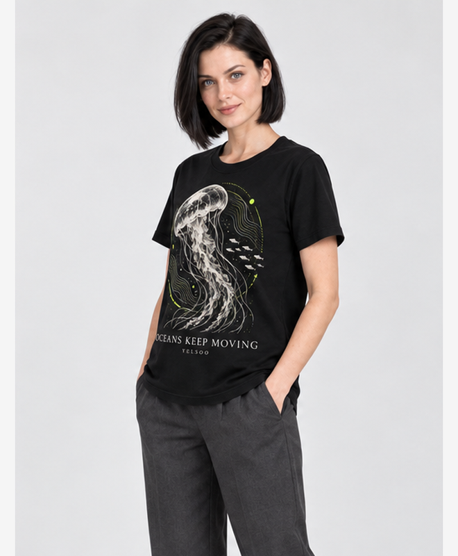 Oceans Keep Moving Graphic Tee — women's model, three-quarter view