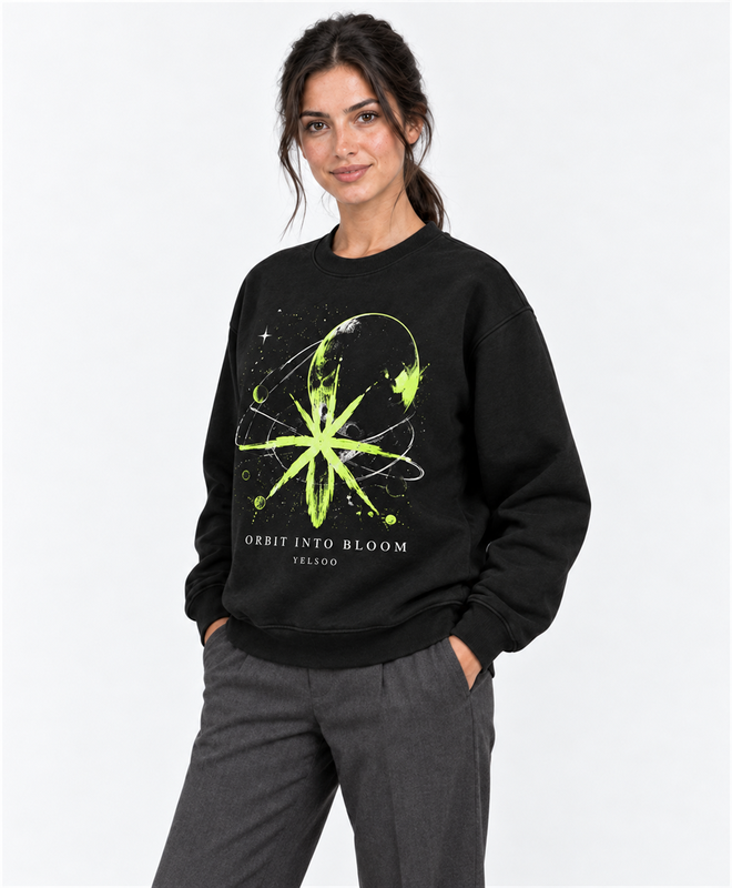 Orbit Into Bloom Crewneck Sweatshirt — women's model, three-quarter view