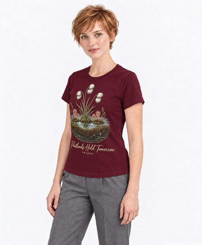 YELSOO women's Peatlands Hold Tomorrow Graphic Tee in Burgundy — three-quarter model view