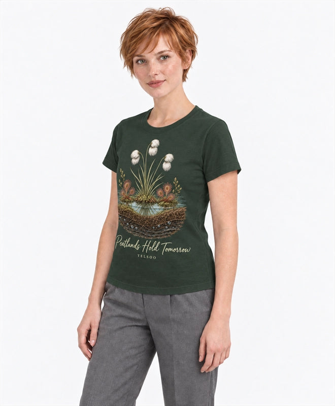 YELSOO women's Peatlands Hold Tomorrow Graphic Tee in Forest Green — three-quarter model view