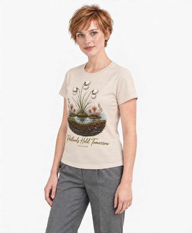 YELSOO women's Peatlands Hold Tomorrow Graphic Tee in Sand — three-quarter model view