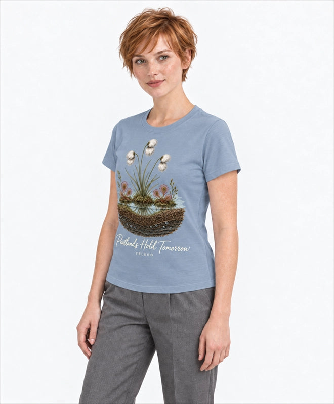 YELSOO women's Peatlands Hold Tomorrow Graphic Tee in Slate Blue — three-quarter model view
