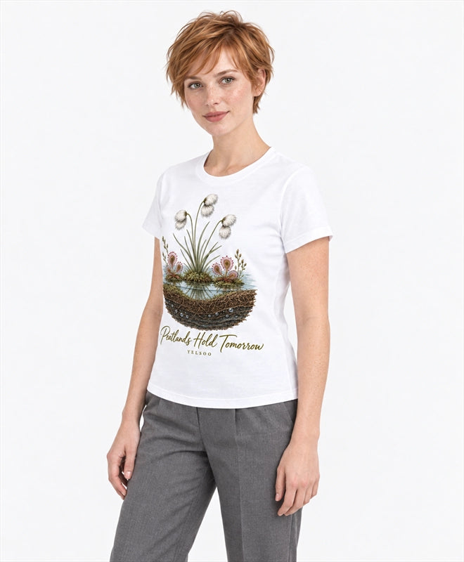 YELSOO women's Peatlands Hold Tomorrow Graphic Tee in White — three-quarter model view