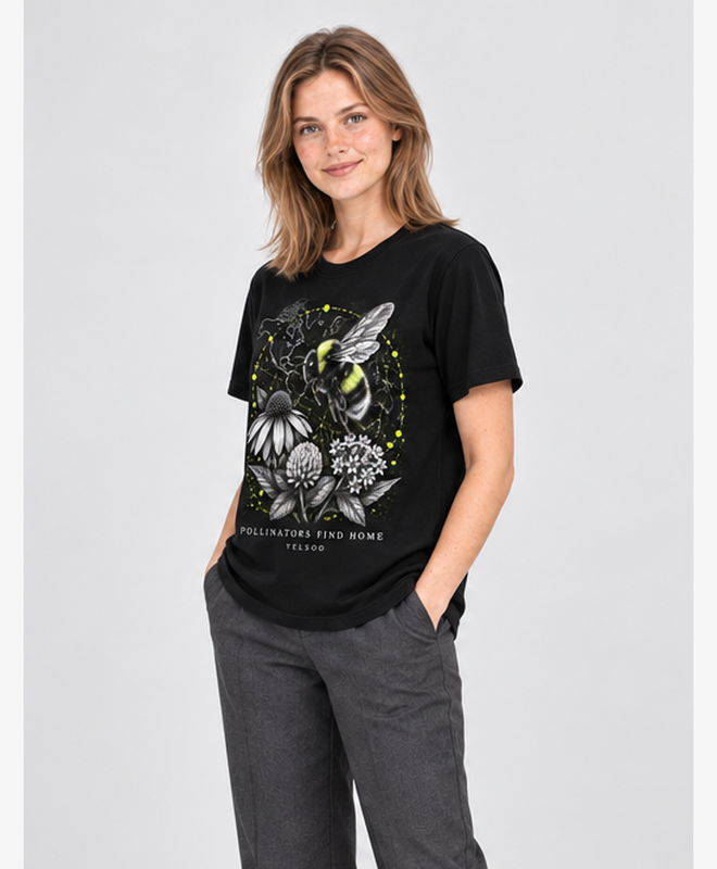 Pollinators Find Home Graphic Tee — women's model, three-quarter view