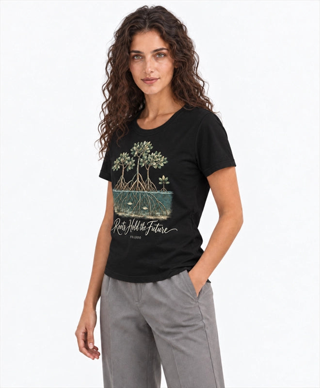 YELSOO women's Roots Hold the Future Mangrove Graphic Tee in Black — three-quarter model view