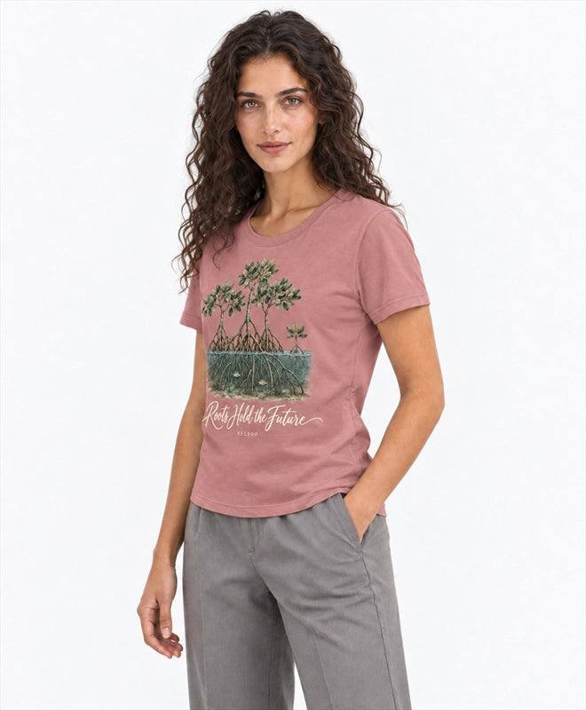 YELSOO women's Roots Hold the Future Mangrove Graphic Tee in Clay Rose — three-quarter model view