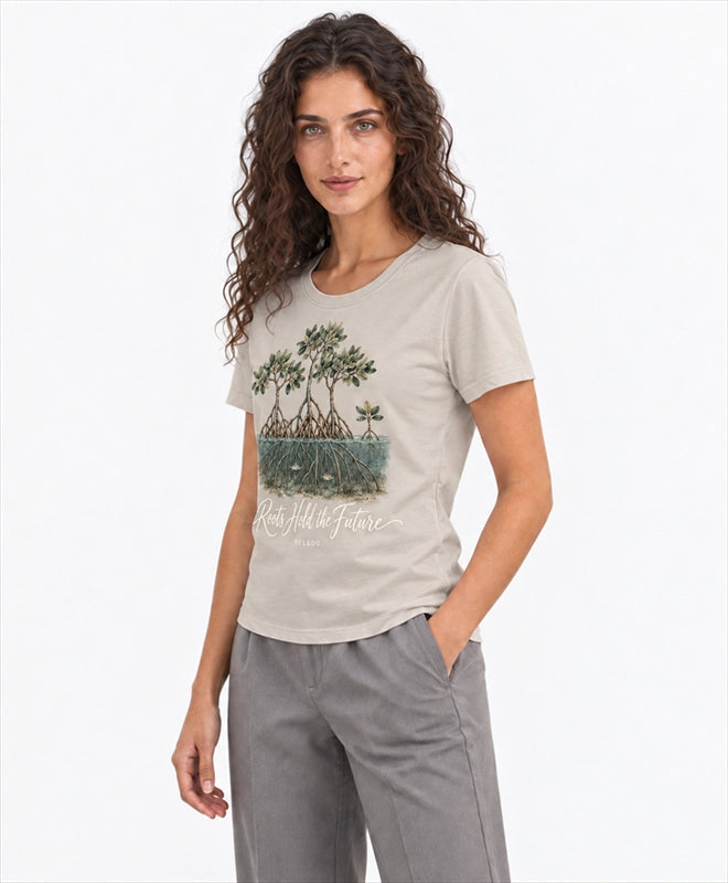 YELSOO women's Roots Hold the Future Mangrove Graphic Tee in Light Sand Gray — three-quarter model view
