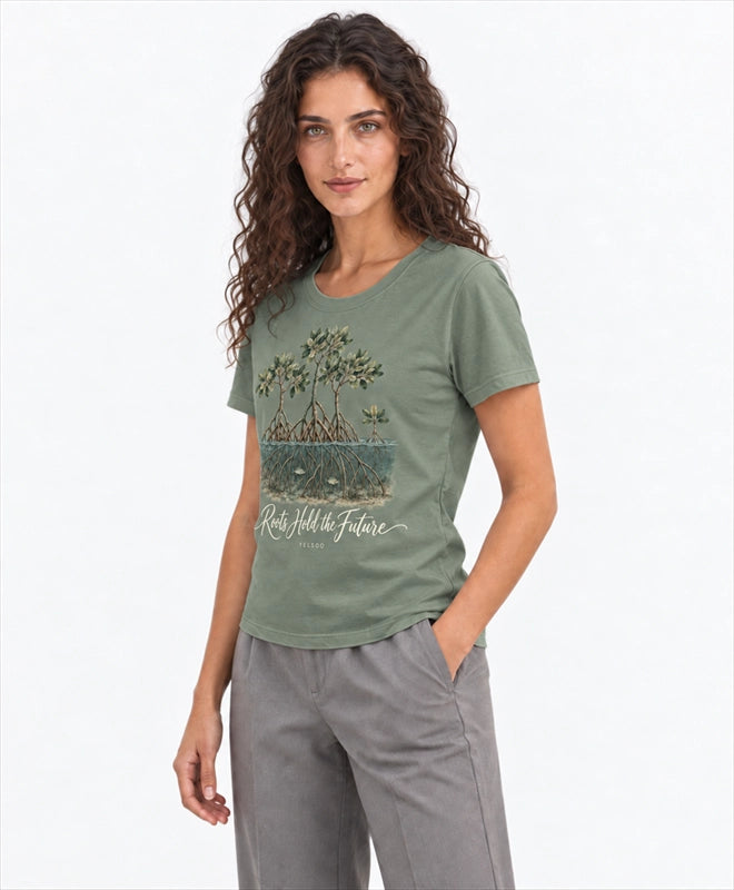 YELSOO women's Roots Hold the Future Mangrove Graphic Tee in Sea Clay Green — three-quarter model view
