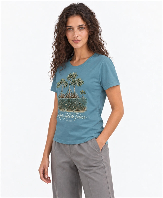YELSOO women's Roots Hold the Future Mangrove Graphic Tee in Tidal Blue — three-quarter model view
