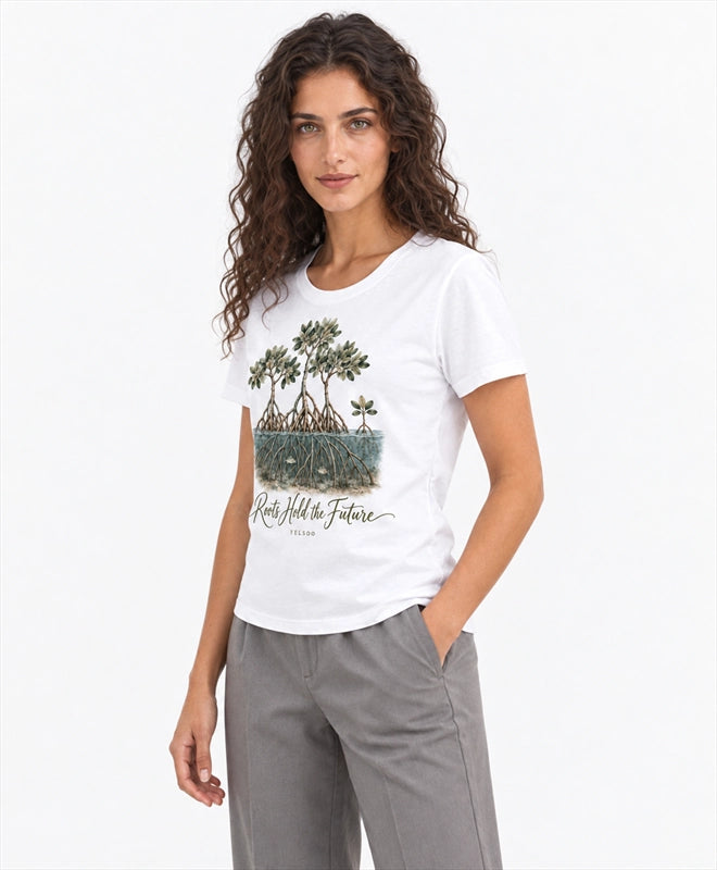 YELSOO women's Roots Hold the Future Mangrove Graphic Tee in White — three-quarter model view
