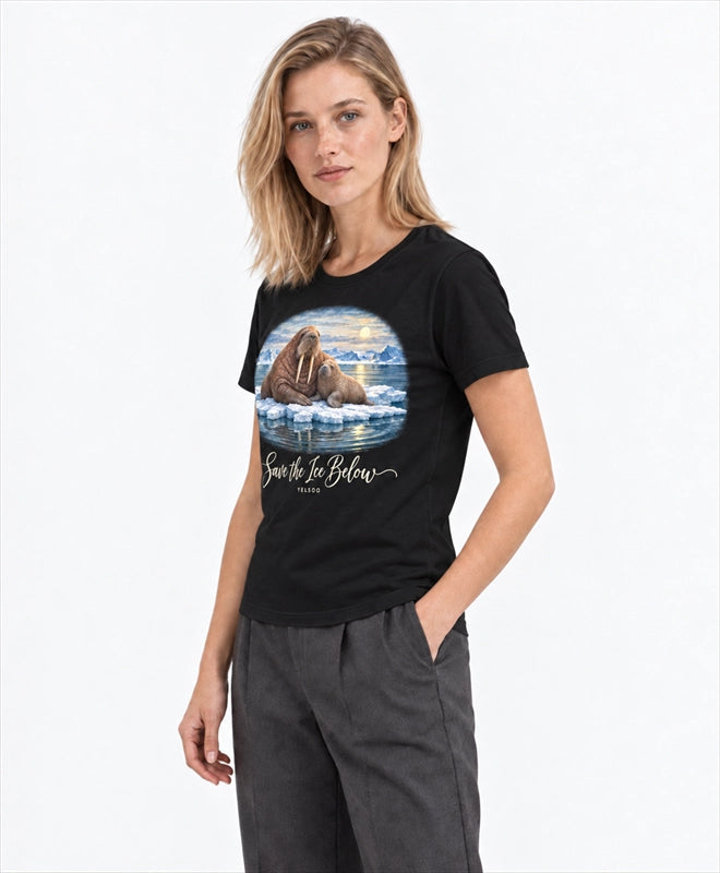 YELSOO women's Save the Ice Below Walrus Graphic Tee in Black — three-quarter model view