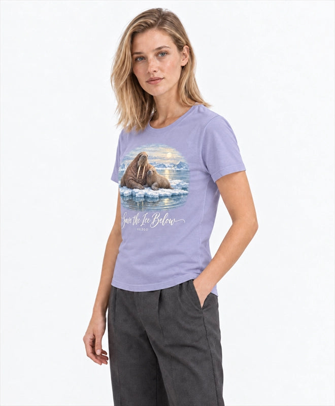 YELSOO women's Save the Ice Below Walrus Graphic Tee in Glacier Lilac — three-quarter model view
