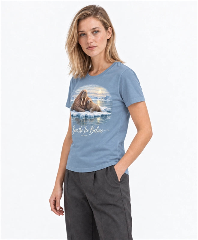 YELSOO women's Save the Ice Below Walrus Graphic Tee in Ice Rock Blue — three-quarter model view