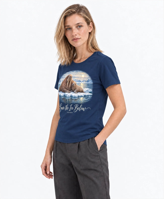 YELSOO women's Save the Ice Below Walrus Graphic Tee in Midnight Blue — three-quarter model view