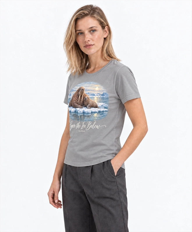 YELSOO women's Save the Ice Below Walrus Graphic Tee in Tundra Gray — three-quarter model view