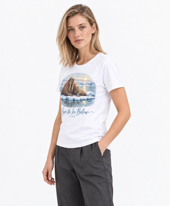 YELSOO women's Save the Ice Below Walrus Graphic Tee in White — three-quarter model view