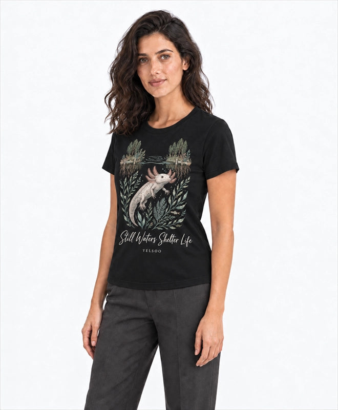 YELSOO women's Still Waters Shelter Life Axolotl Graphic Tee in Black — three-quarter model view