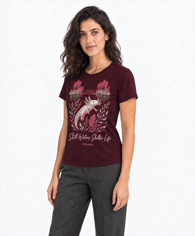YELSOO women's Still Waters Shelter Life Axolotl Graphic Tee in Burgundy — three-quarter model view