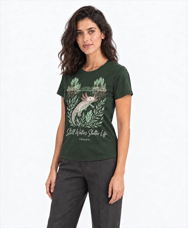 YELSOO women's Still Waters Shelter Life Axolotl Graphic Tee in Forest Green — three-quarter model view
