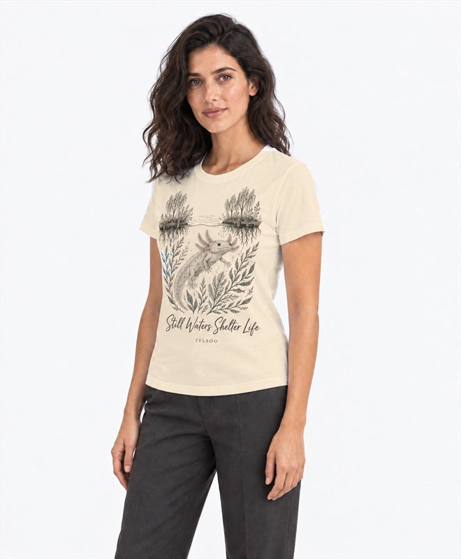 YELSOO women's Still Waters Shelter Life Axolotl Graphic Tee in Sand — three-quarter model view