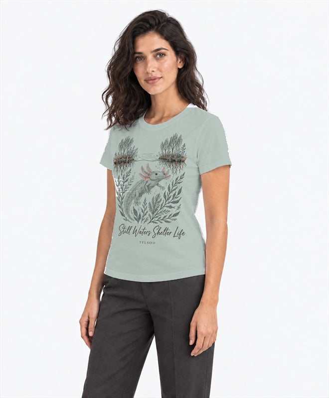 YELSOO women's Still Waters Shelter Life Axolotl Graphic Tee in Soft Teal — three-quarter model view