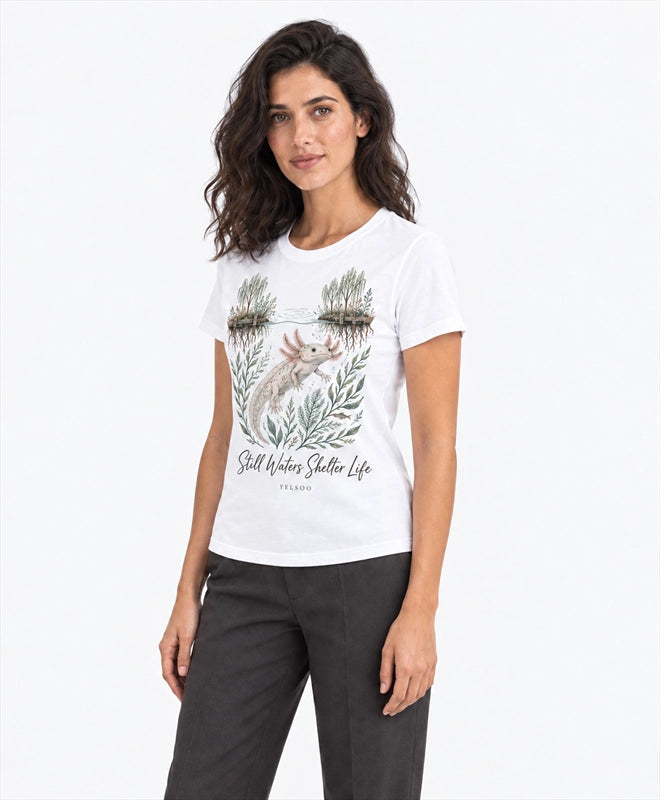 YELSOO women's Still Waters Shelter Life Axolotl Graphic Tee in White — three-quarter model view