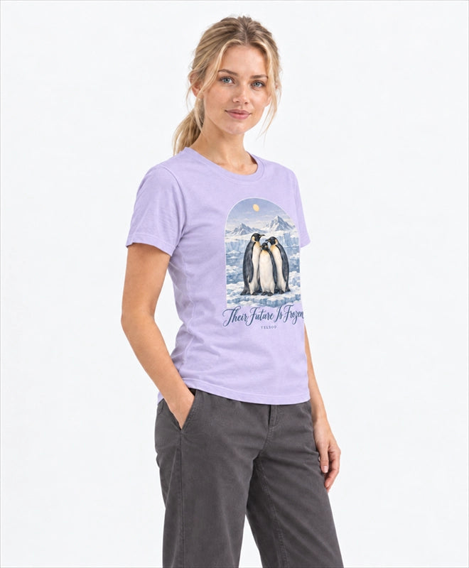 YELSOO women's Their Future is Frozen Emperor Penguin Graphic Tee in Glacier Lilac — three-quarter model view