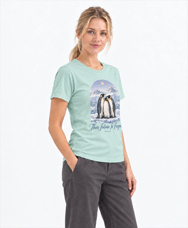 YELSOO women's Their Future is Frozen Emperor Penguin Graphic Tee in Ice Mint — three-quarter model view