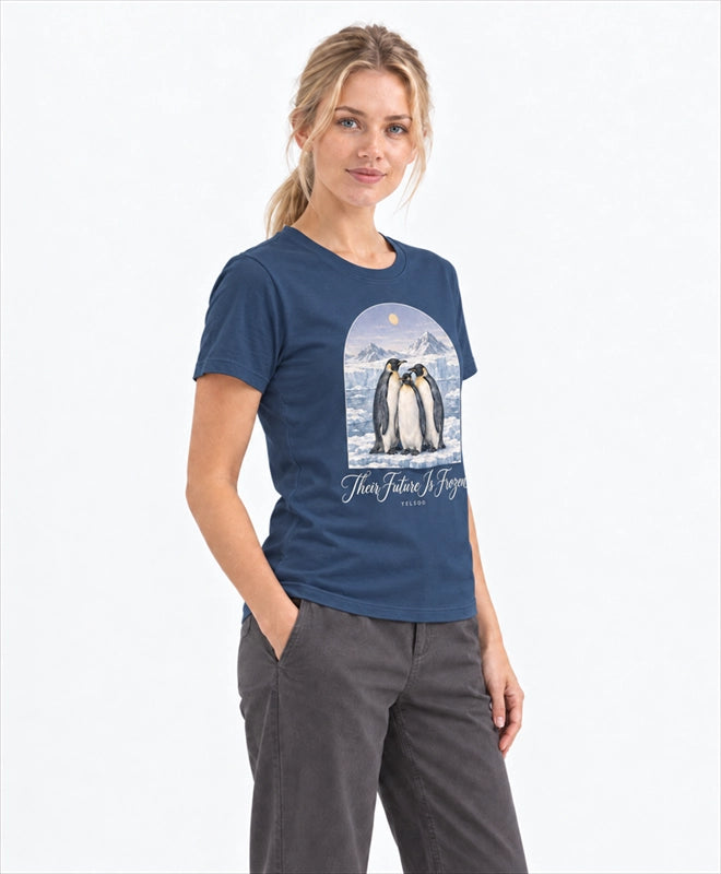YELSOO women's Their Future is Frozen Emperor Penguin Graphic Tee in Midnight Blue — three-quarter model view
