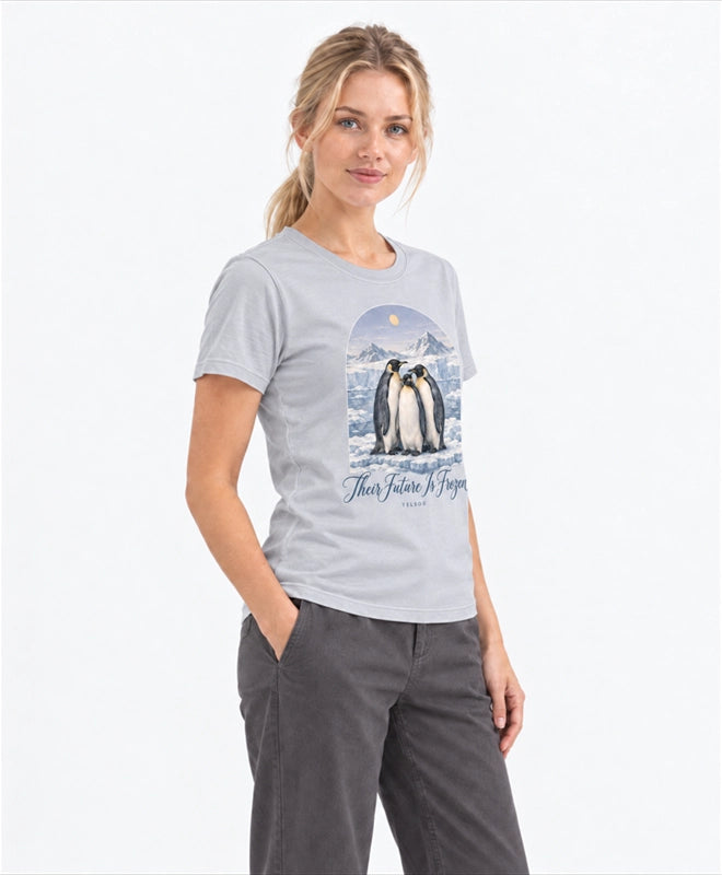 YELSOO women's Their Future is Frozen Emperor Penguin Graphic Tee in Silver Gray — three-quarter model view