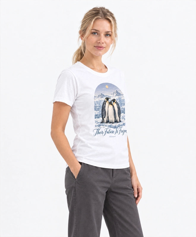 YELSOO women's Their Future is Frozen Emperor Penguin Graphic Tee in White — three-quarter model view