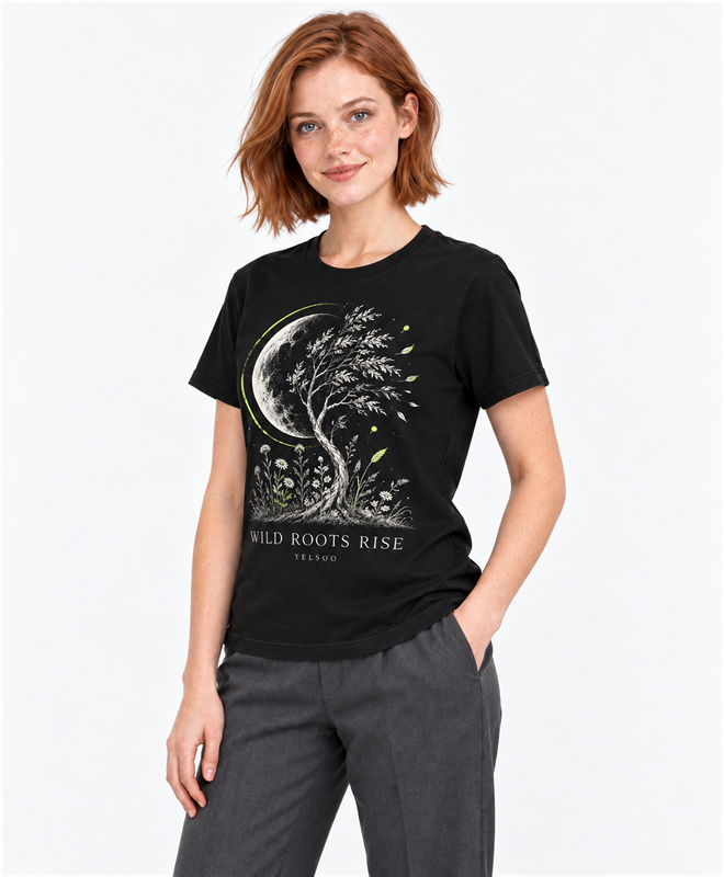 Wild Roots Rise Graphic Tee — women's model, three-quarter view
