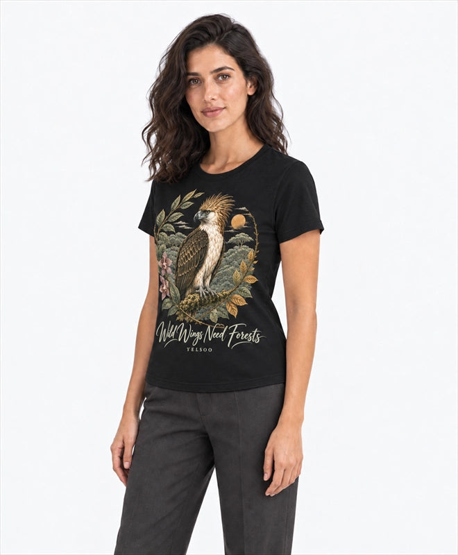 YELSOO women's Wild Wings Need Forests Philippine Eagle Graphic Tee in Black — three-quarter model view