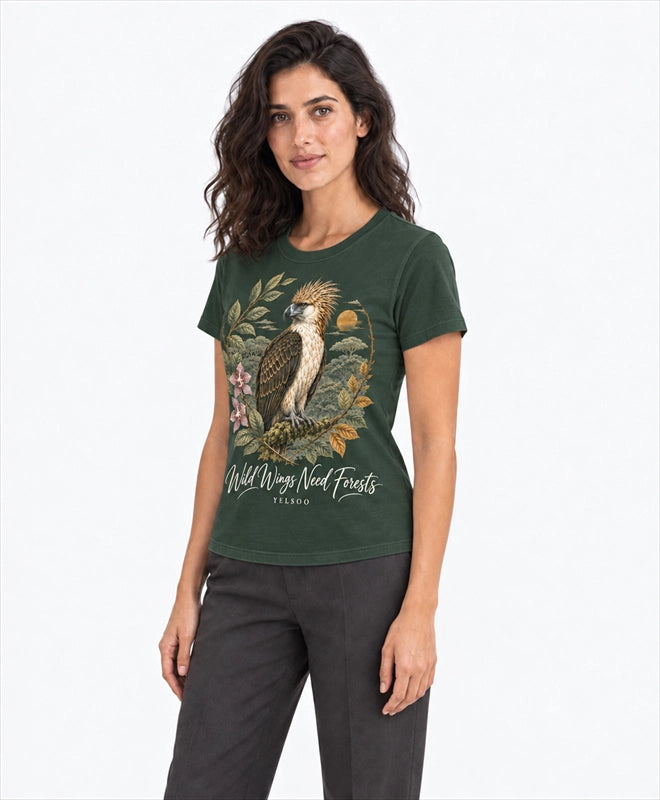 YELSOO women's Wild Wings Need Forests Philippine Eagle Graphic Tee in Forest Green — three-quarter model view