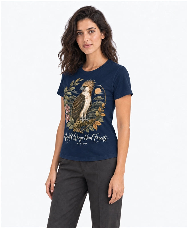 YELSOO women's Wild Wings Need Forests Philippine Eagle Graphic Tee in Navy — three-quarter model view