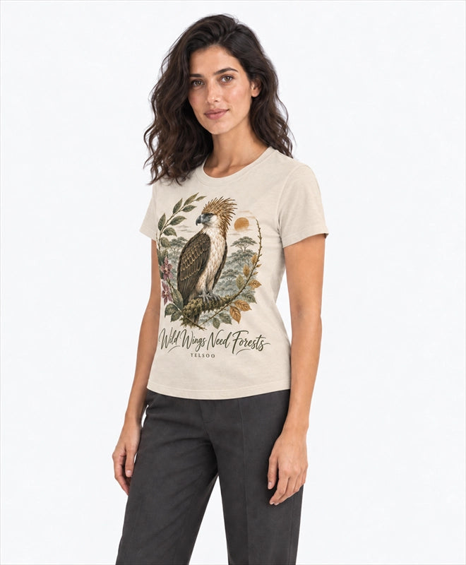 YELSOO women's Wild Wings Need Forests Philippine Eagle Graphic Tee in Sand — three-quarter model view