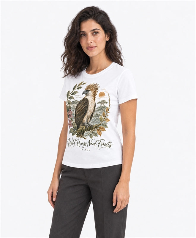 YELSOO women's Wild Wings Need Forests Philippine Eagle Graphic Tee in White — three-quarter model view