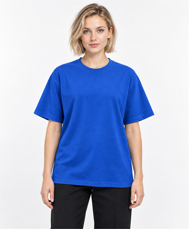 YELSOO Essential Crewneck Tee — Cobalt Blue — women's model, front view