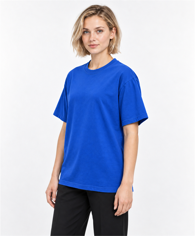 YELSOO Essential Crewneck Tee — Cobalt Blue — women's model, three-quarter view